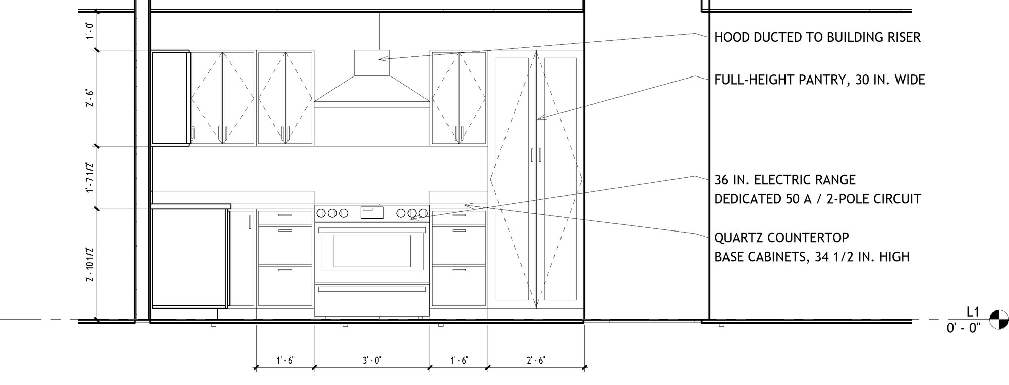 Dimensioned and noted kitchen elevation produced in Revit
