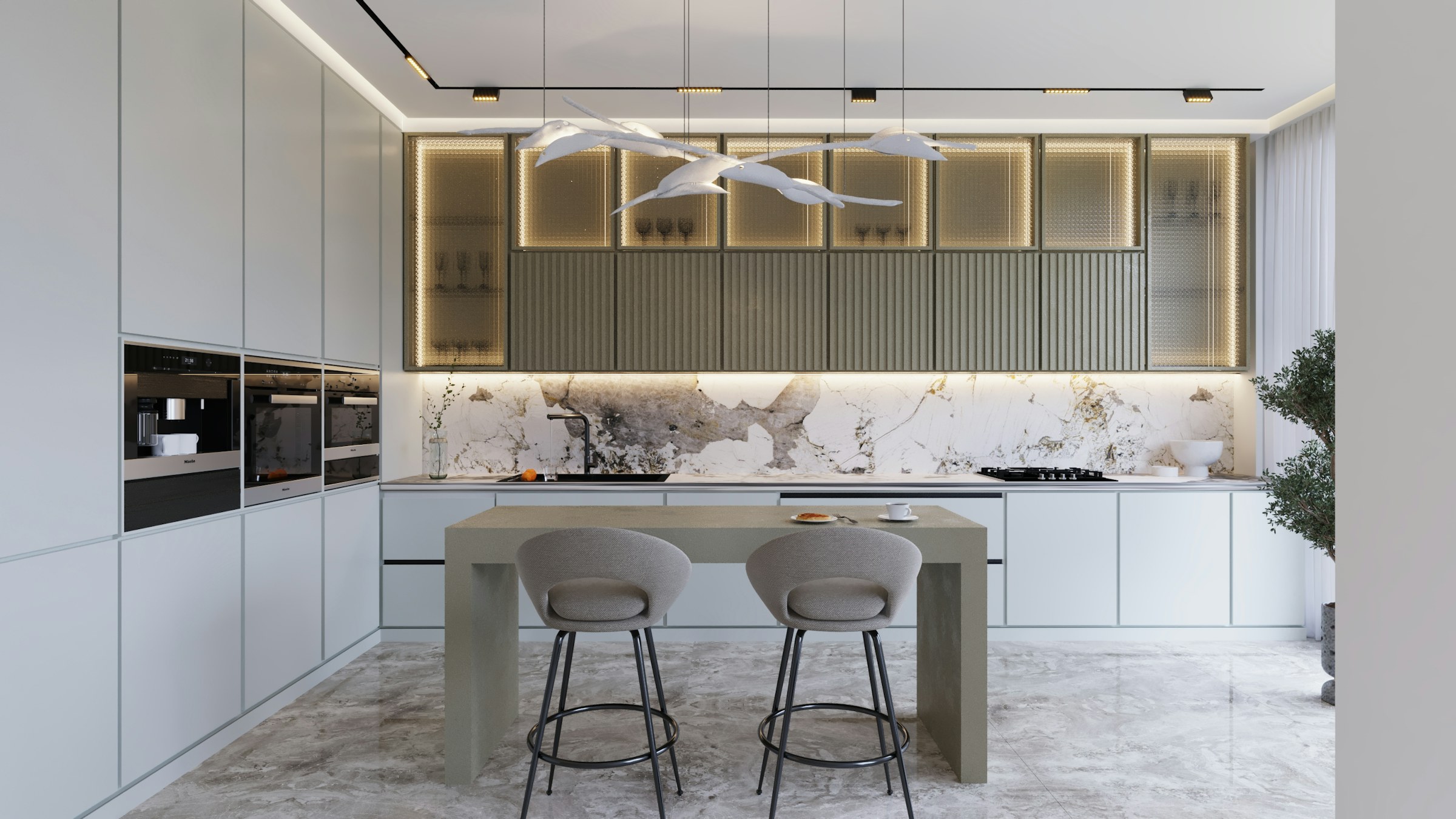 Modern kitchen with fluted sage upper cabinets, lit ribbed-glass display cabinets, stone backsplash and a sage island