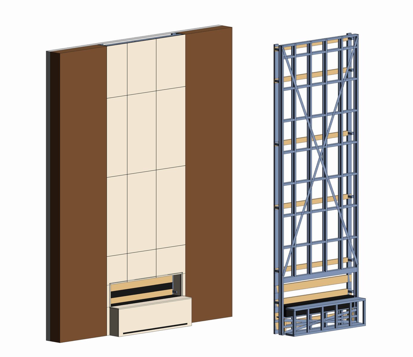 Steel-framed fireplace tower, finished and framing views, from another project